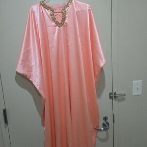 Embellished V-Neck Satin Caftan in Peach combined with african Cap